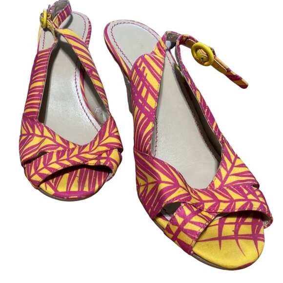 Nine West Wedge 8M Jute Heel Slingback Pink Yellow Open Toe - Picture 4 of 6